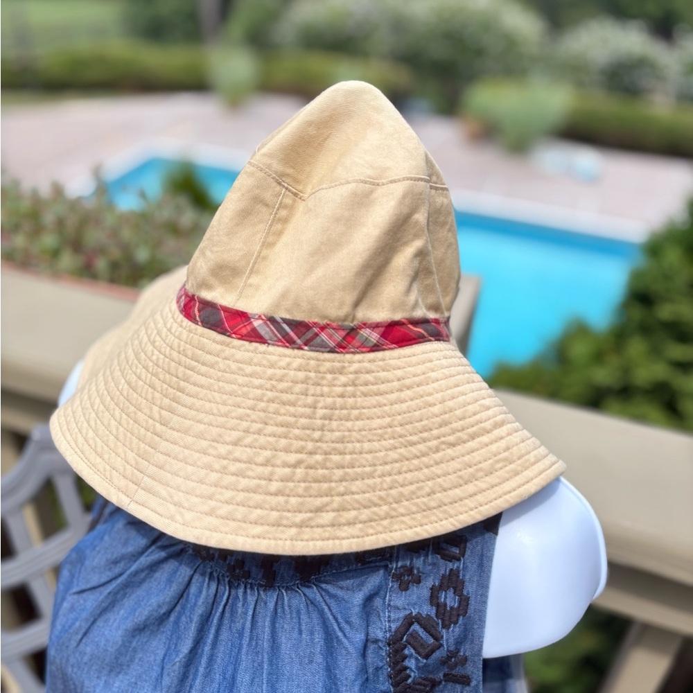 NWOT EDDIE BAUER Stylish Canvas 4” Brim Tan Sun Hat, Red Plaid Accent Size: L/XL - Picture 4 of 7